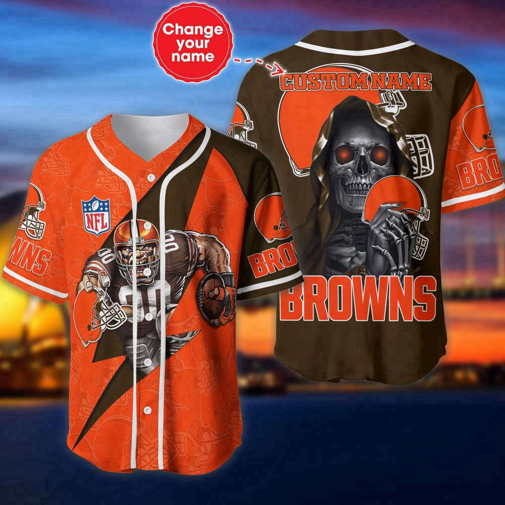 Cleveland Browns Baseball Jersey Shirt Skull Custom Name, Gift For Men Women - Aopprinter baseball jersey product view 2