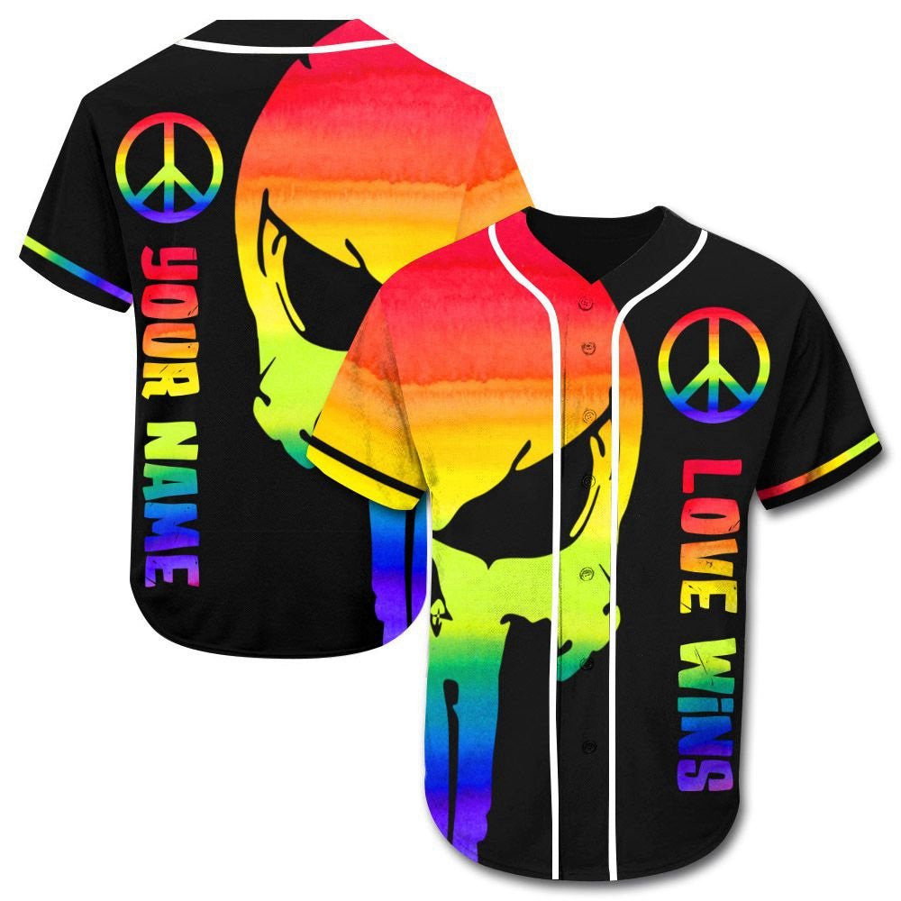 Colorful Custom Name LGBT Pride Skull Baseball Jersey Love Wins Adult Unisex S-5XL - Aopprinter baseball jersey product view 2
