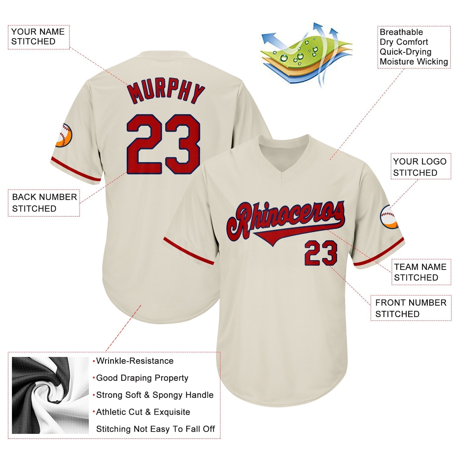 Custom Cream Red-Navy Authentic Throwback Rib-Knit Baseball Jersey Shirt baseball jersey product view 4