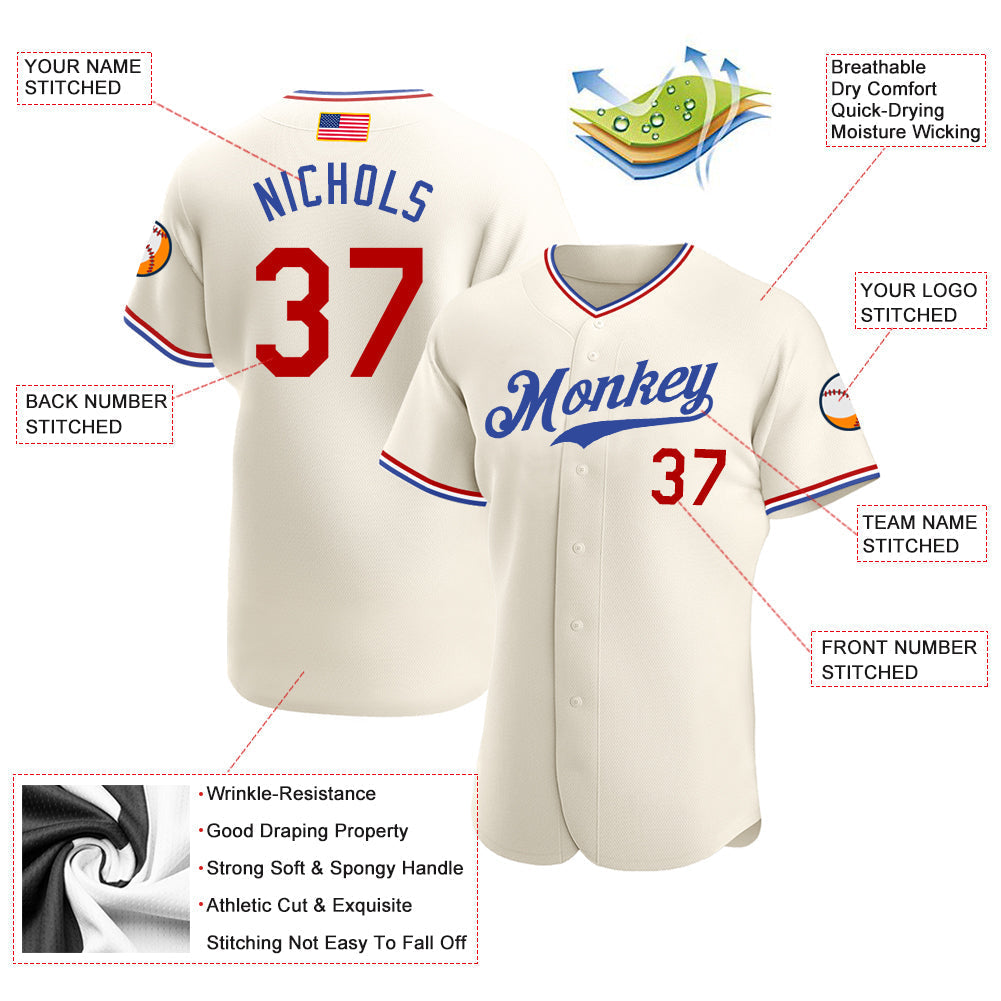Custom Cream Red-Royal Authentic American Flag Fashion Baseball Jersey baseball jersey product view 3