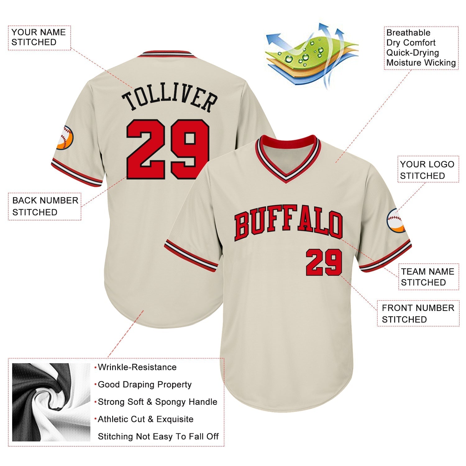 Custom Cream Red-Black Authentic Throwback Rib-Knit Baseball Jersey Shirt baseball jersey product view 4