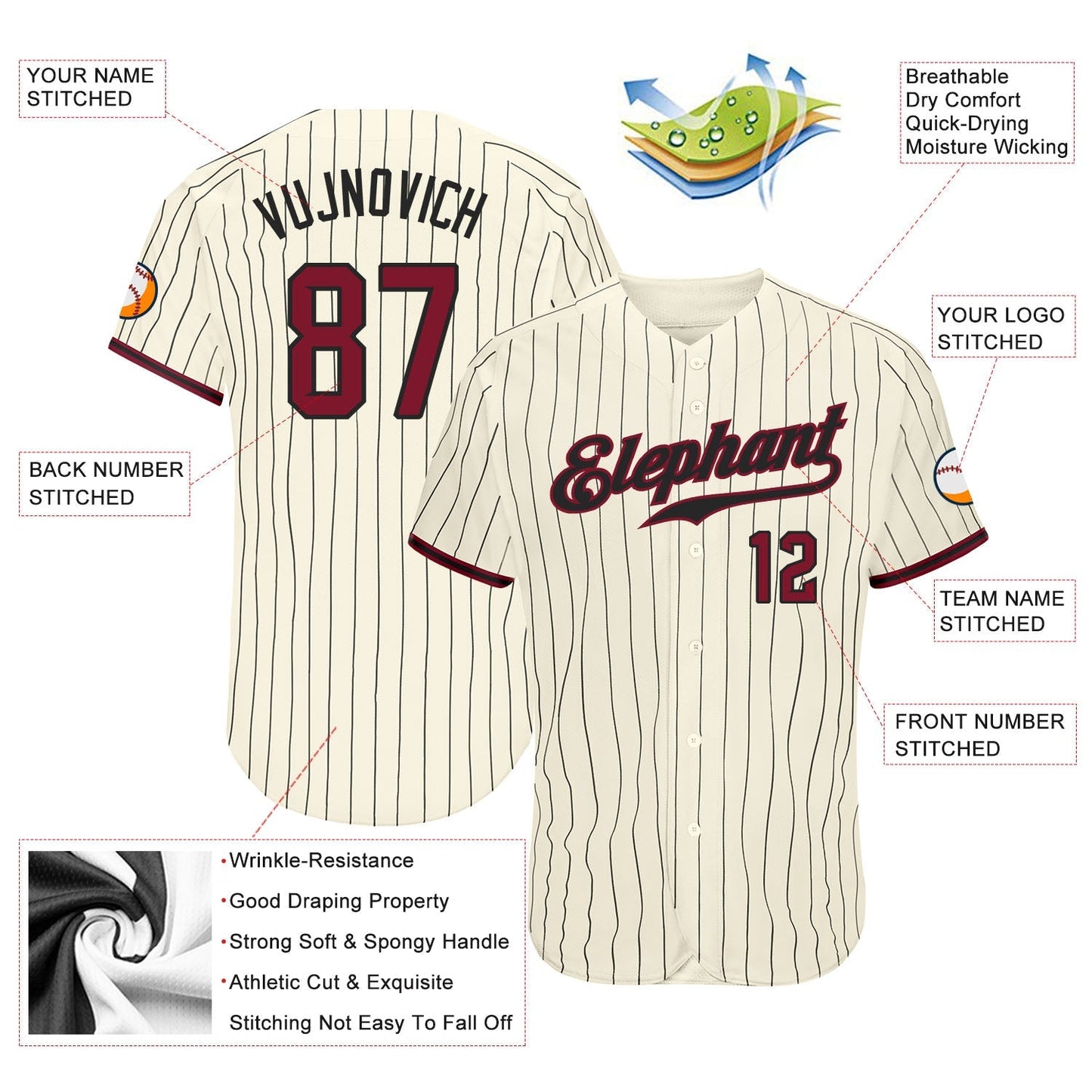 Custom Cream Black Pinstripe Crimson-Black Authentic Baseball Jersey baseball jersey product view 3