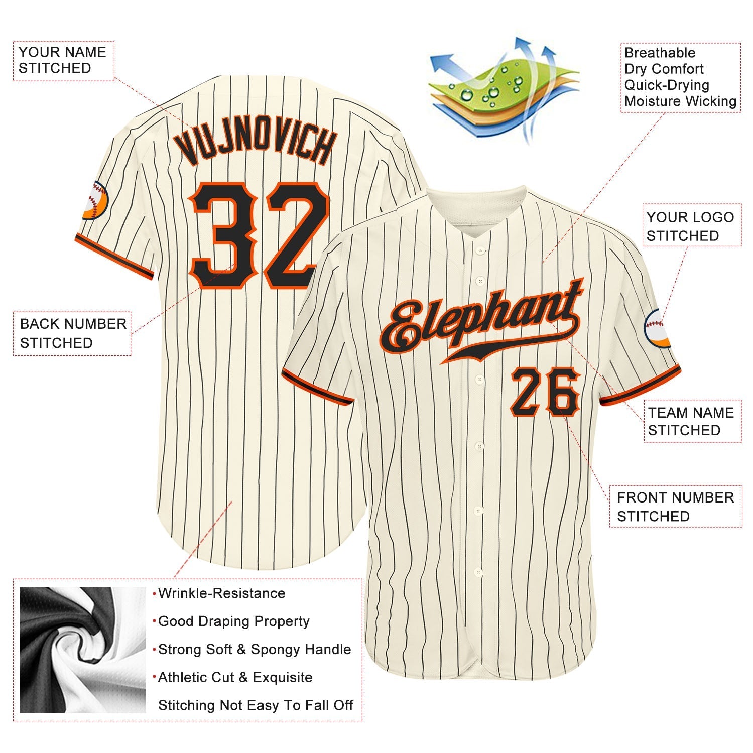 Custom Cream Black Pinstripe Black-Orange Authentic Baseball Jersey baseball jersey product view 3