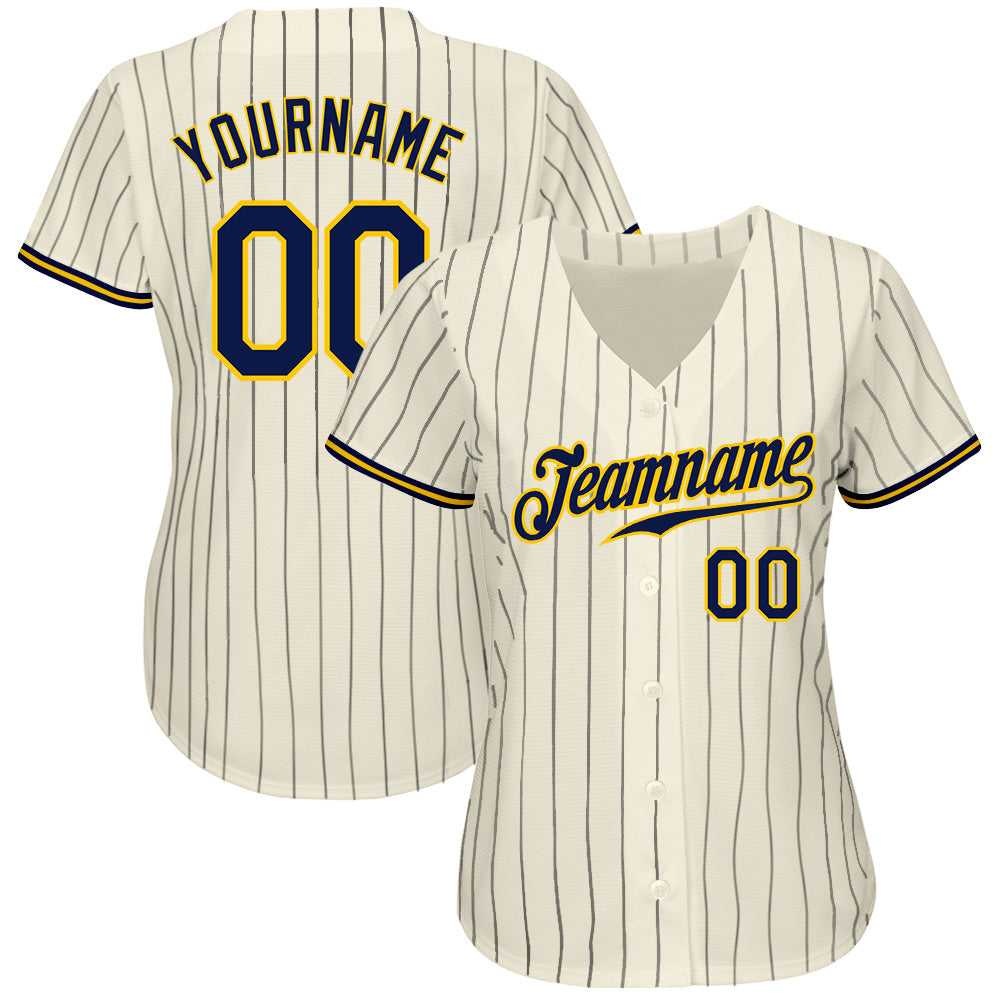 Custom Cream Navy Pinstripe Navy-Gold Authentic Baseball Jersey baseball jersey product view 2