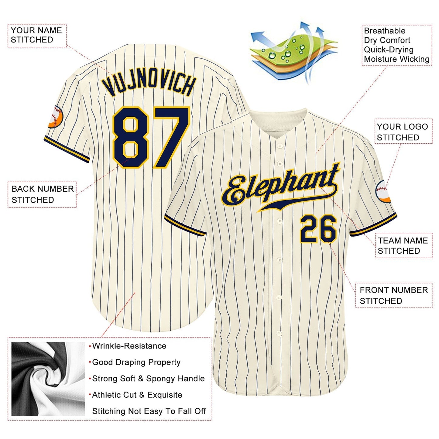 Custom Cream Navy Pinstripe Navy-Gold Authentic Baseball Jersey baseball jersey product view 3