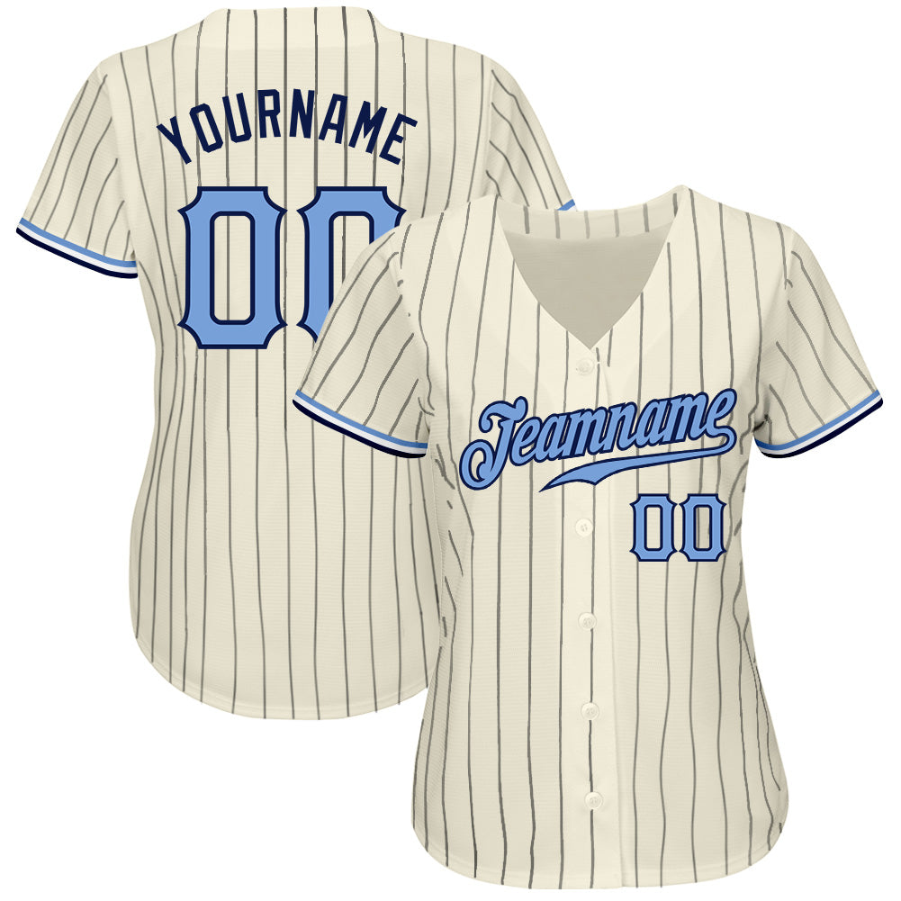 Custom Cream Navy Pinstripe Light Blue-Navy Authentic Baseball Jersey baseball jersey product view 2