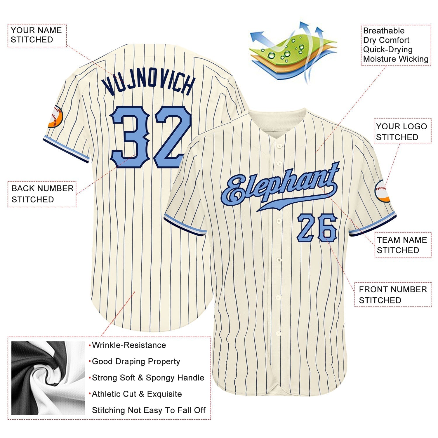 Custom Cream Navy Pinstripe Light Blue-Navy Authentic Baseball Jersey baseball jersey product view 3