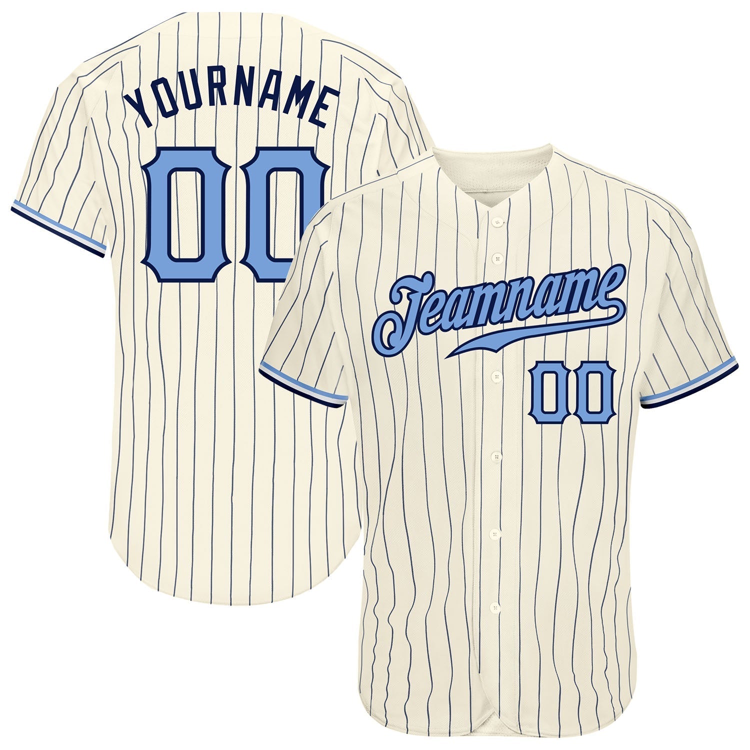 Custom Cream Navy Pinstripe Light Blue-Navy Authentic Baseball Jersey baseball jersey product view 1