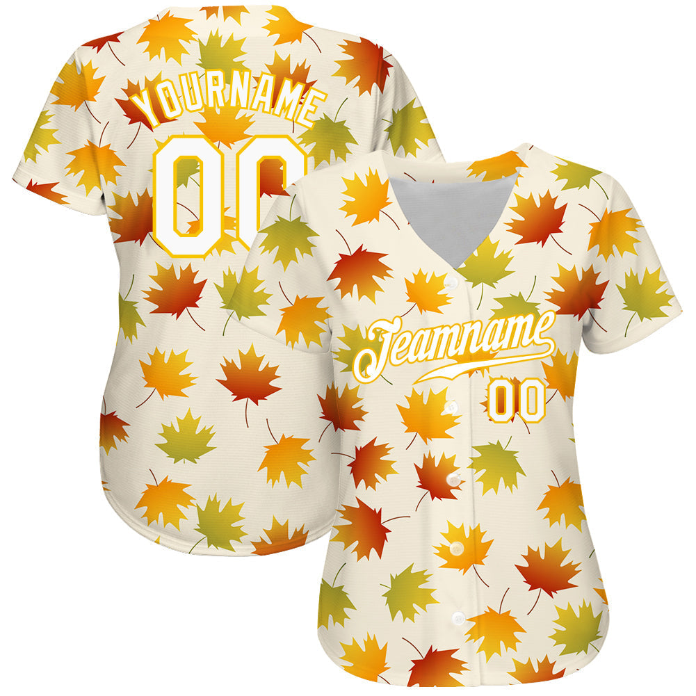 Custom Cream White-Gold 3D Pattern Design Maple Leaf Authentic Baseball Jersey baseball jersey product view 2