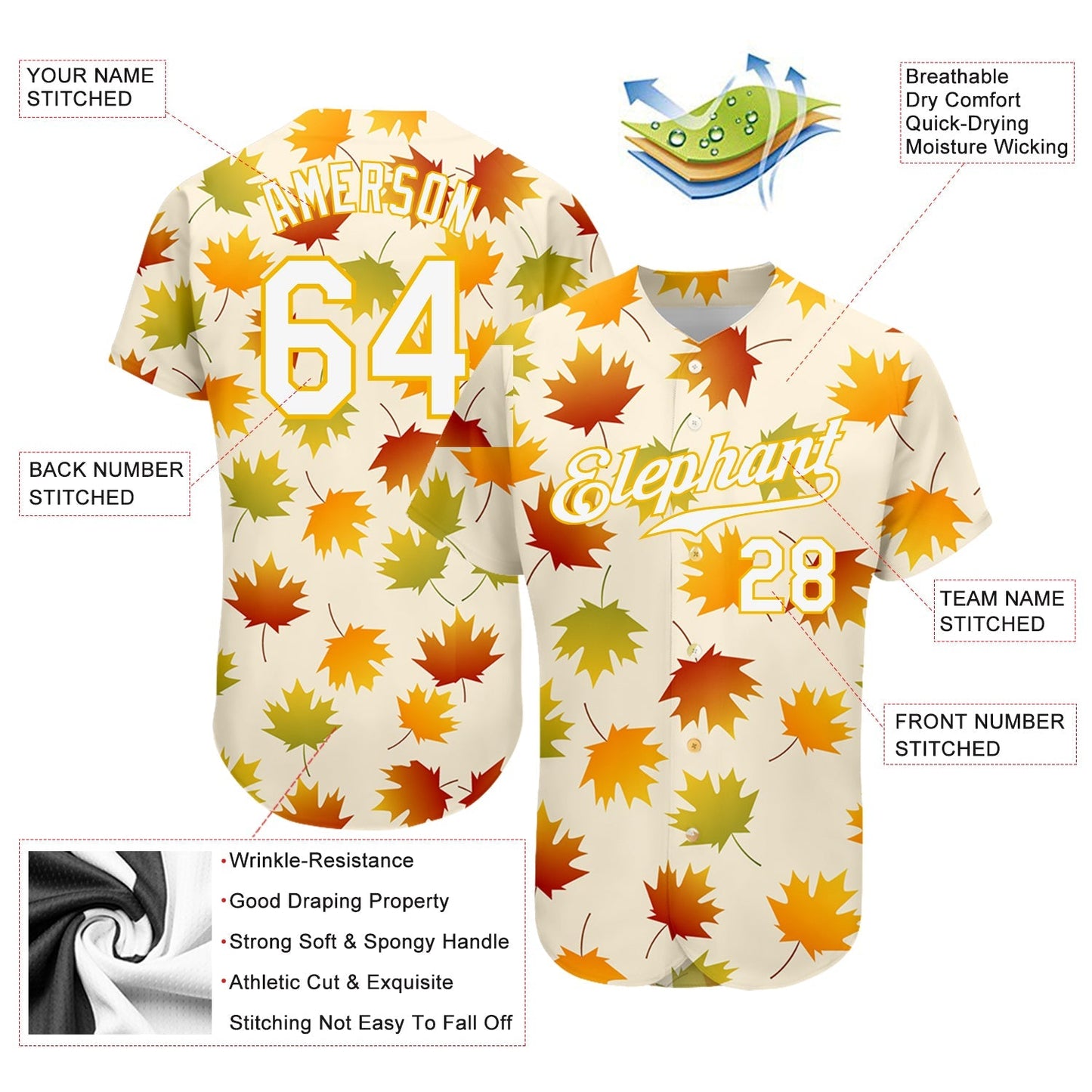 Custom Cream White-Gold 3D Pattern Design Maple Leaf Authentic Baseball Jersey baseball jersey product view 3