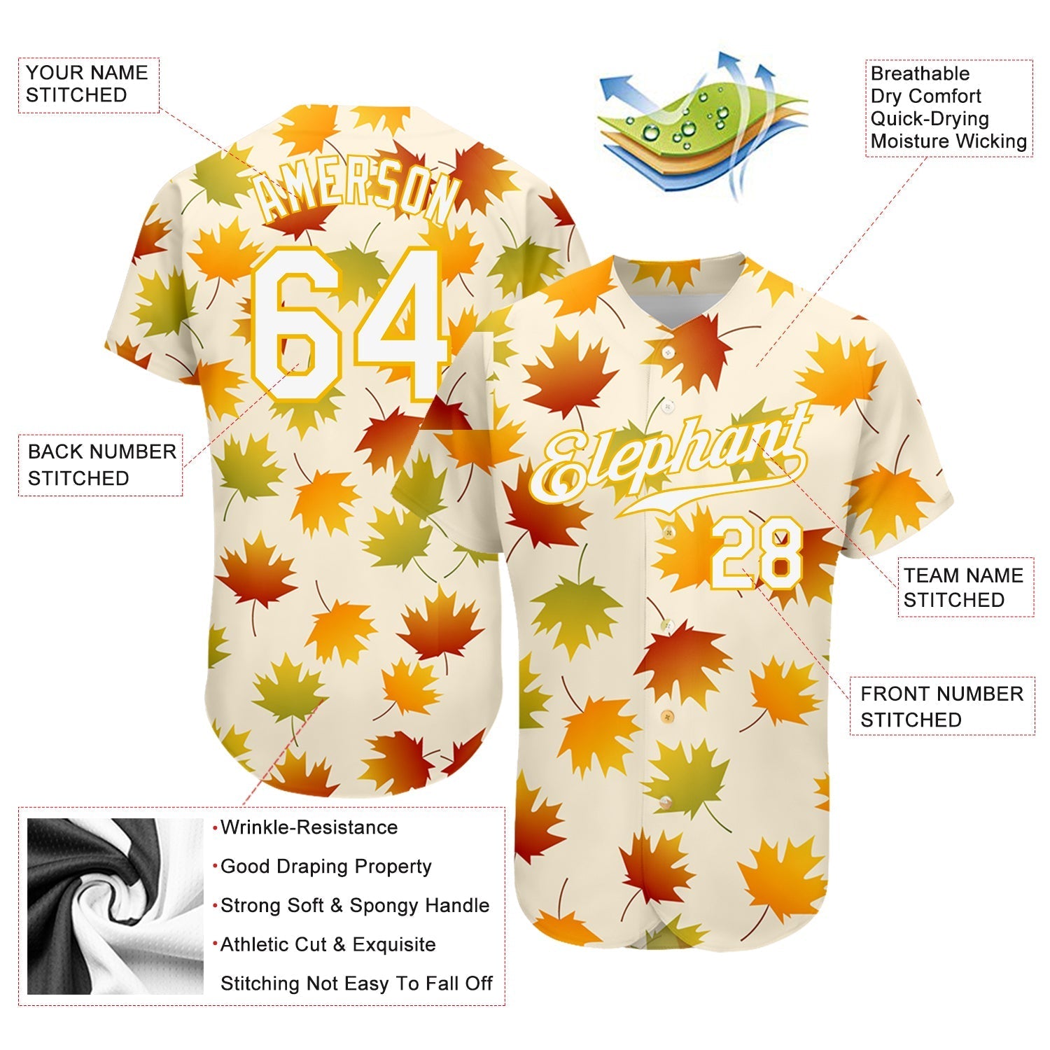 Custom Cream White-Gold 3D Pattern Design Maple Leaf Authentic Baseball Jersey baseball jersey product view 3
