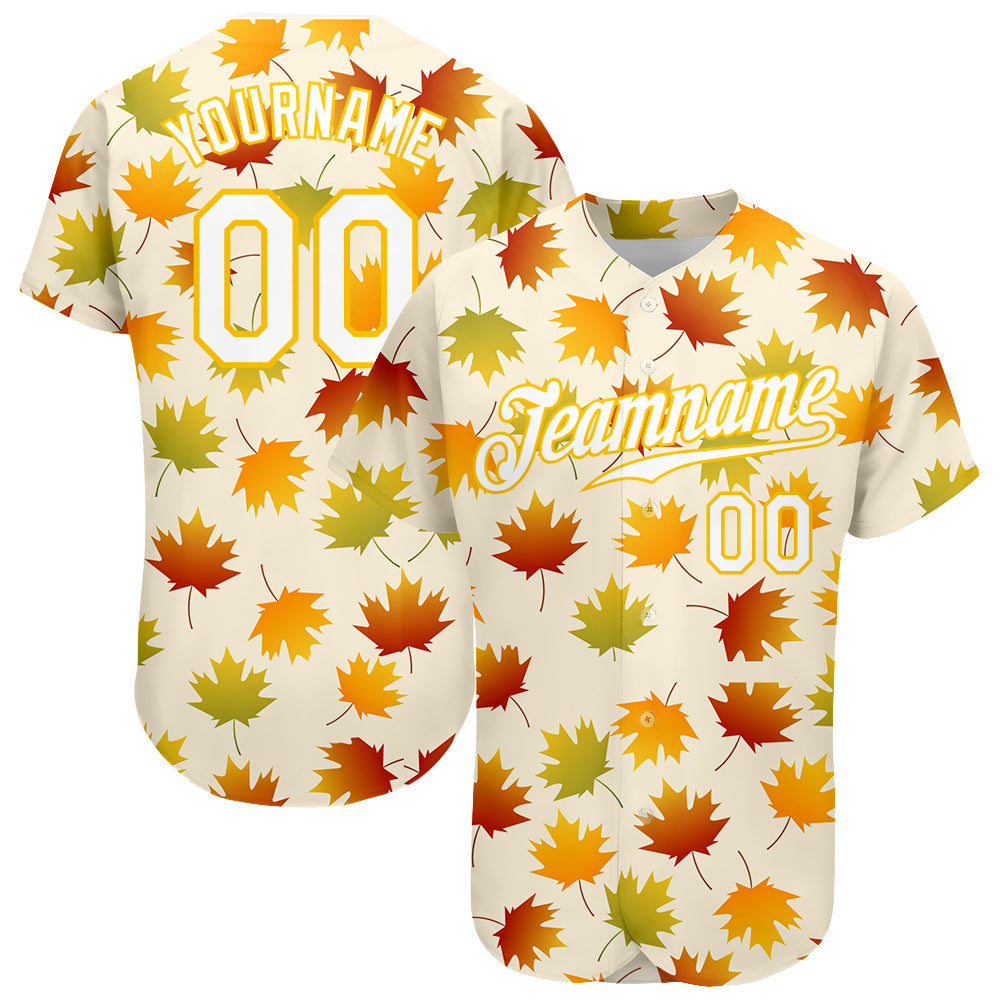 Custom Cream White-Gold 3D Pattern Design Maple Leaf Authentic Baseball Jersey baseball jersey product view 1
