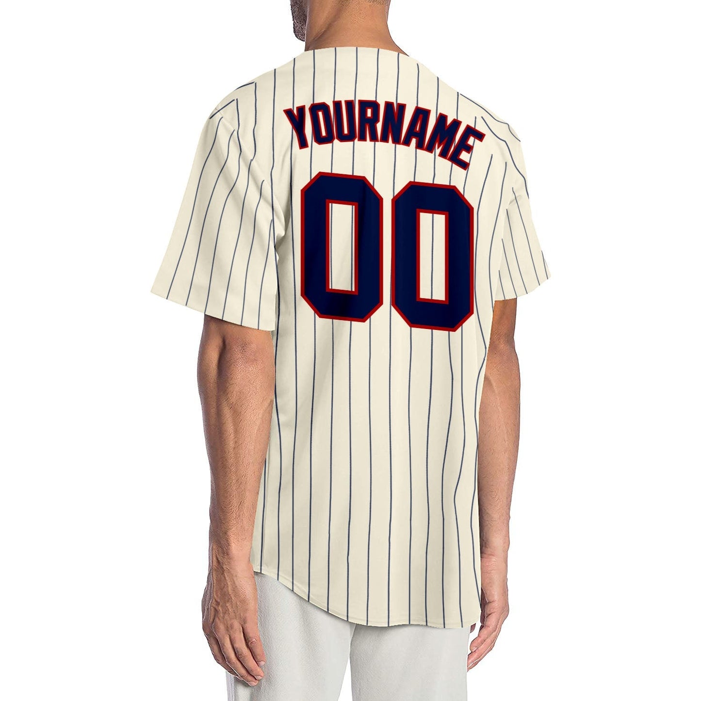 Custom Cream Navy Pinstripe Navy-Red Authentic Baseball Jersey baseball jersey product view 2