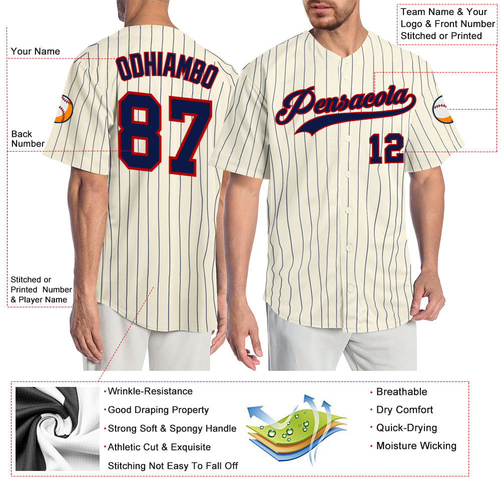 Custom Cream Navy Pinstripe Navy-Red Authentic Baseball Jersey baseball jersey product view 3