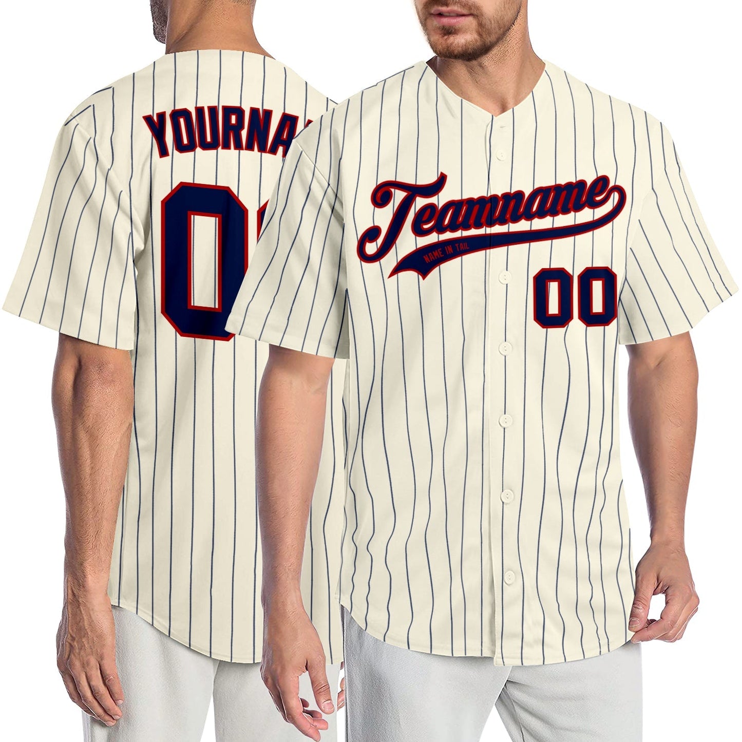 Custom Cream Navy Pinstripe Navy-Red Authentic Baseball Jersey baseball jersey product view 1