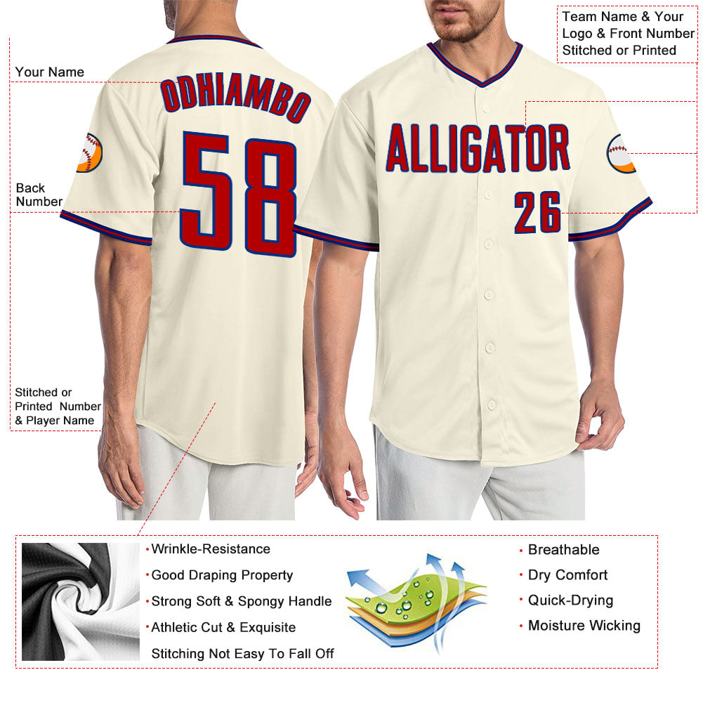 Custom Cream Red-Royal Authentic Baseball Jersey baseball jersey product view 3