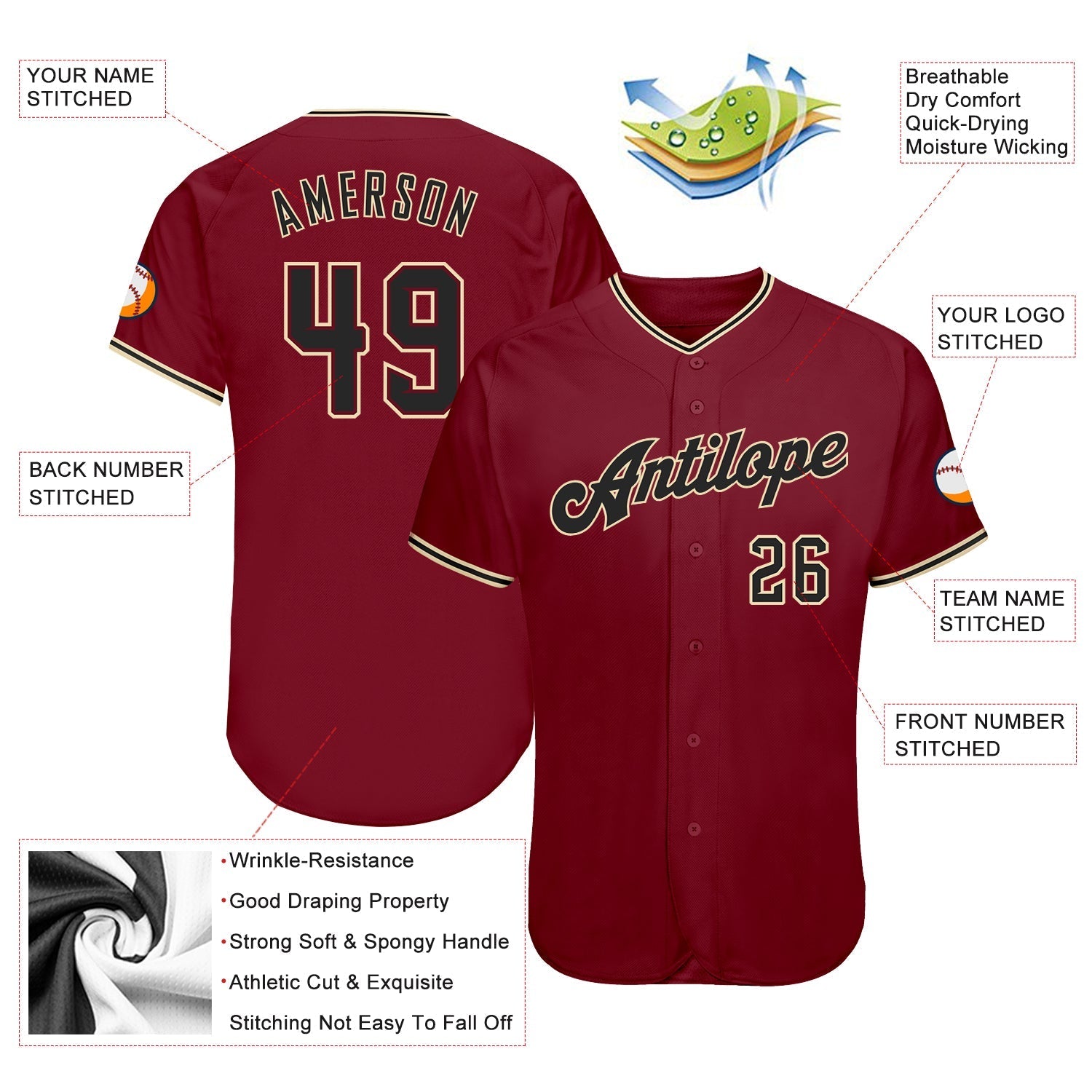 Custom Crimson Black-City Cream Authentic Baseball Jersey baseball jersey product view 3