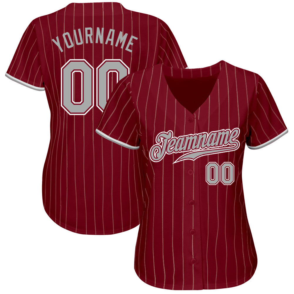 Custom Crimson Cream Pinstripe Gray-White Authentic Baseball Jersey baseball jersey product view 2
