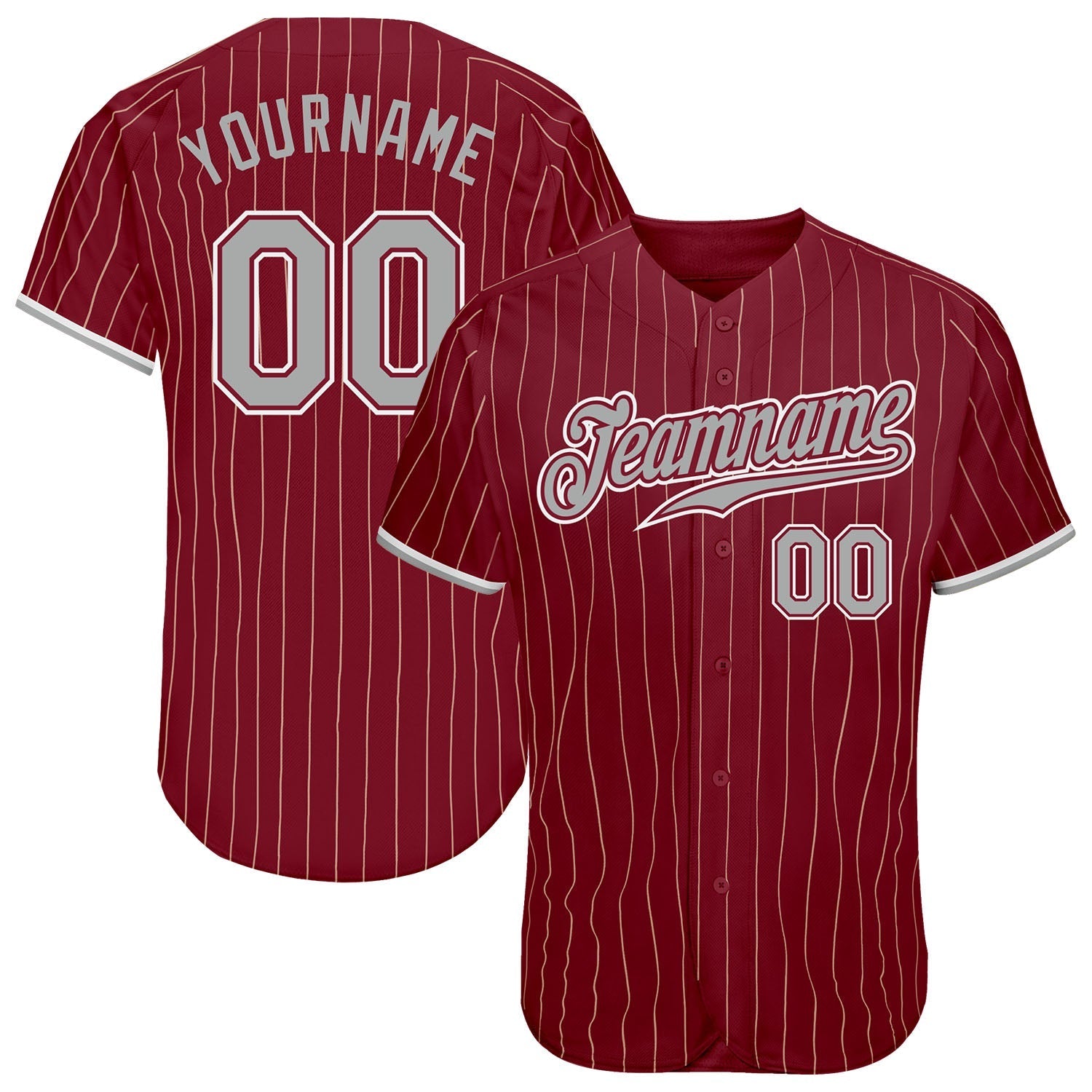 Custom Crimson Cream Pinstripe Gray-White Authentic Baseball Jersey baseball jersey product view 1