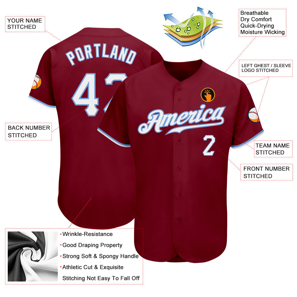 Custom Crimson White-Light Blue Authentic Baseball Jersey baseball jersey product view 3