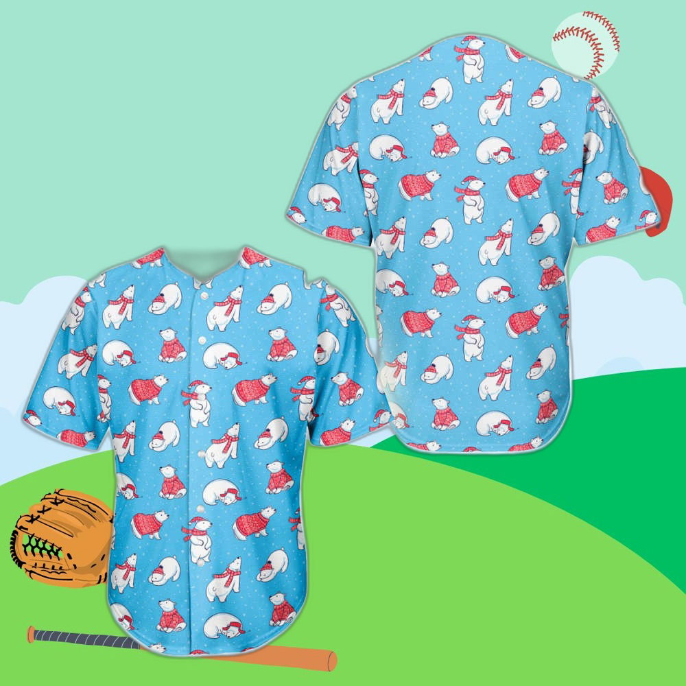 Custom Christmas Polar Bear Baseball Jersey: Unique Xmas Bear Pattern – Shop Now! baseball jersey product view 1