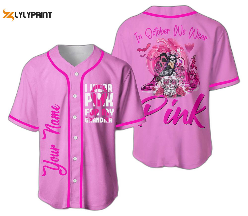 Custom In October We Wear Pink Baseball Jersey For Men Women, Pink Ribbon, Pink Ribbon Jersey - lylyprint.com baseball jersey product view 1