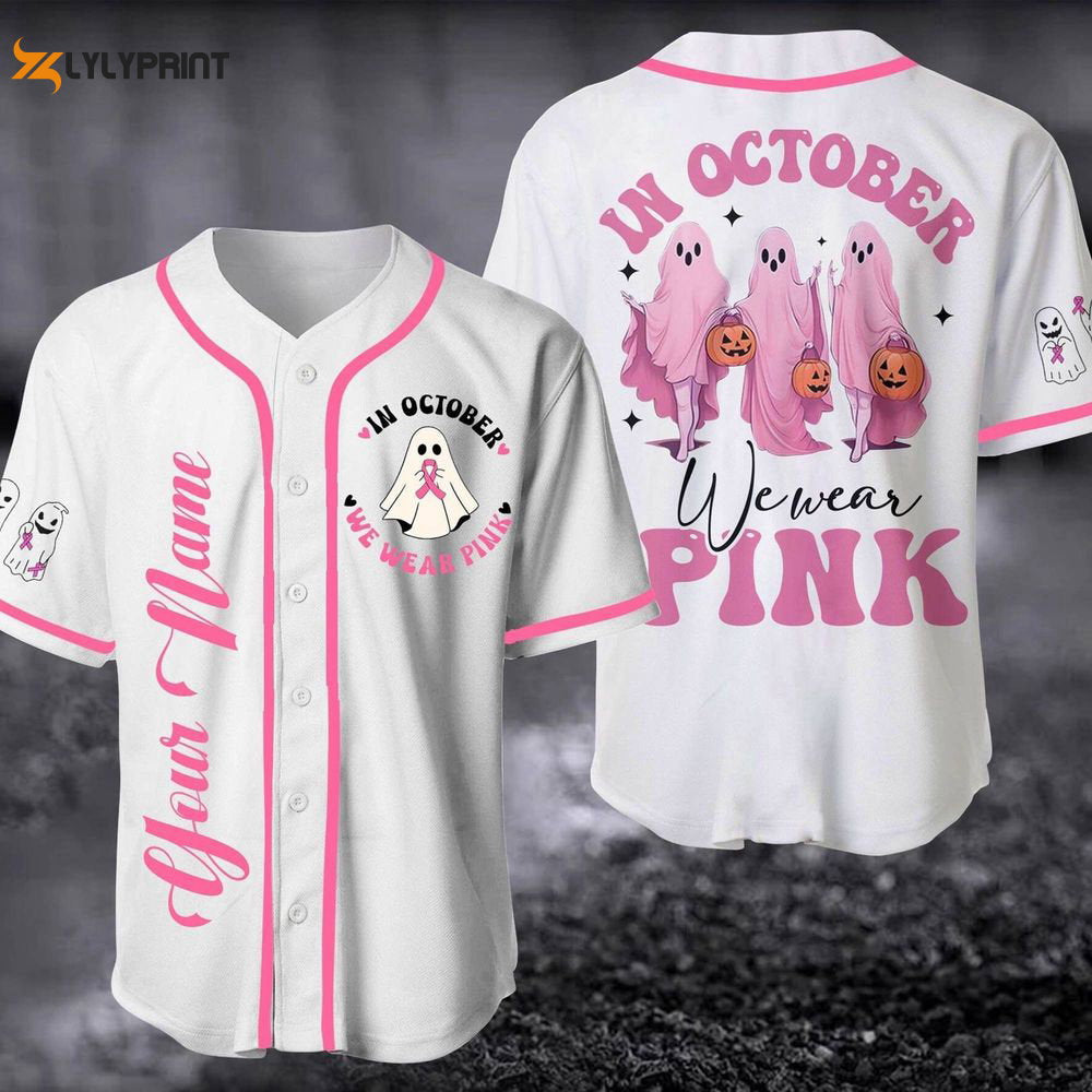 Custom In October We Wear Pink Baseball Jersey, Pink Ribbon Jersey - lylyprint.com baseball jersey product view 1