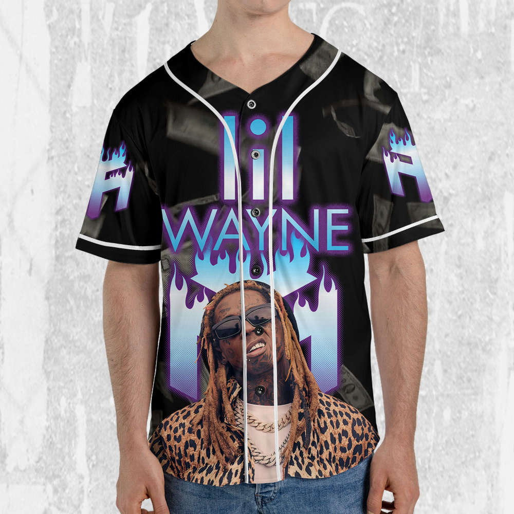 Custom Lil Wayne Flames Baseball Jersey – Personalize Your Young Money Rap Shirt baseball jersey product view 3