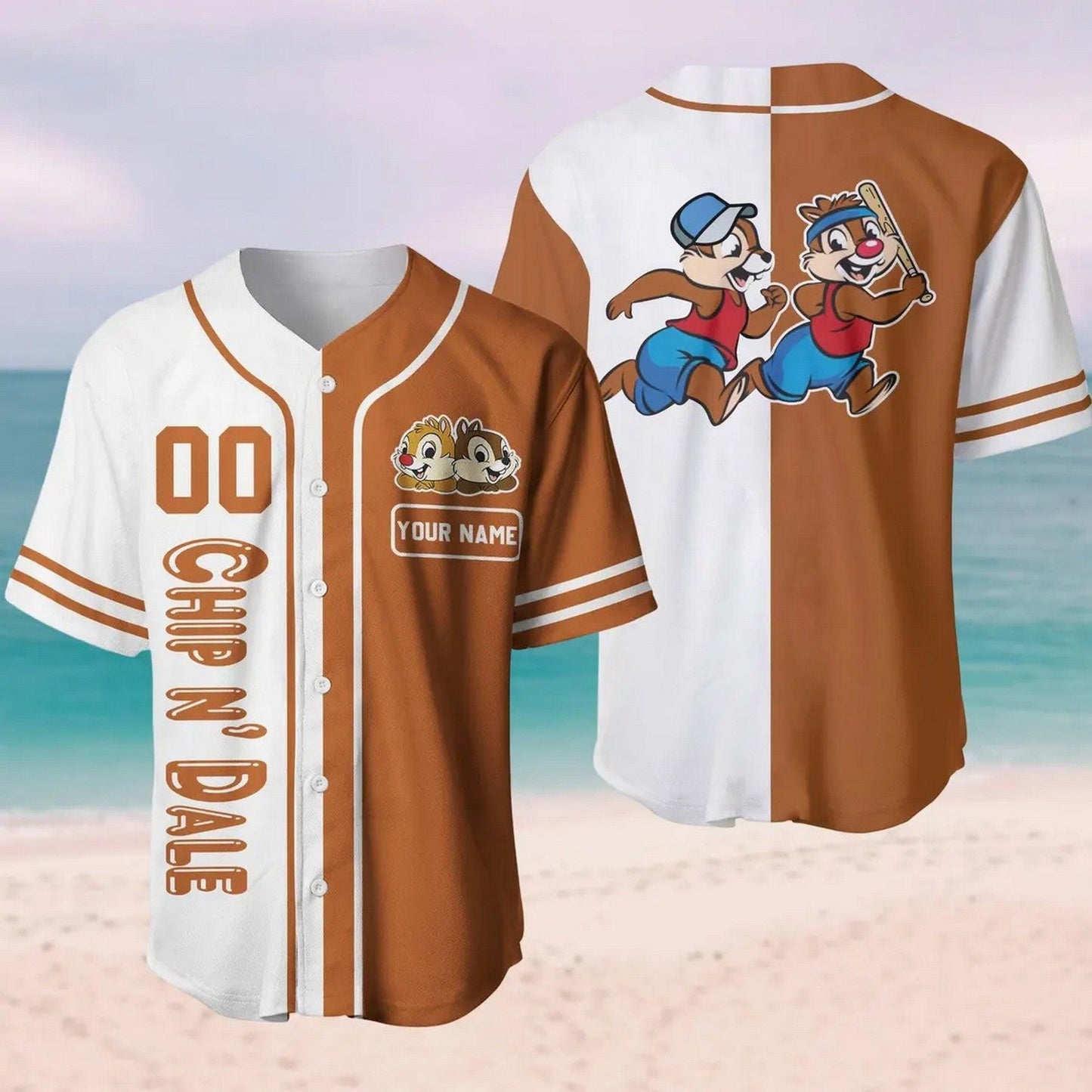 Custom Name And Number Chip And Dale Brown And White Baseball Jersey baseball jersey product view 1