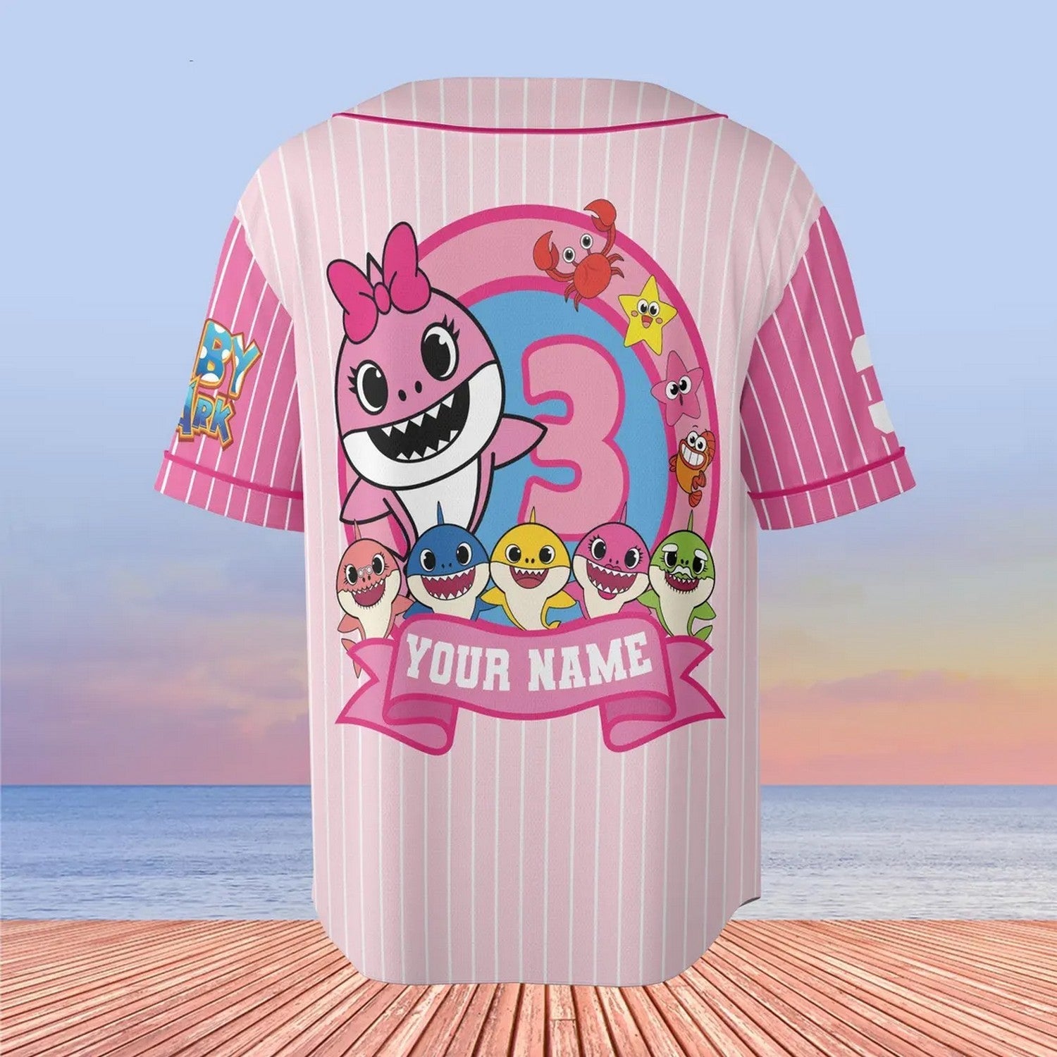 Custom Name And Number Cute Baby Shark Pink Baseball Jersey baseball jersey product view 3