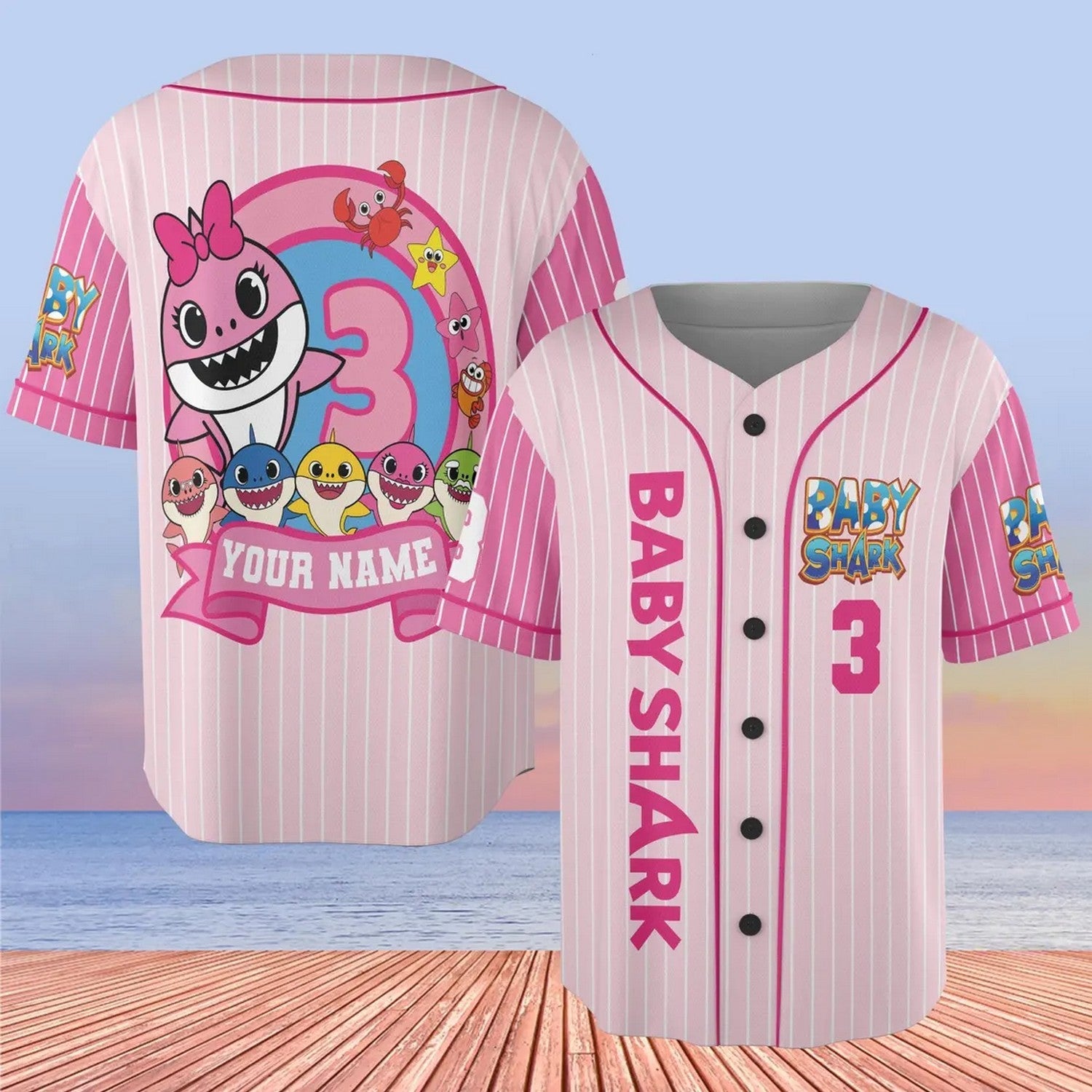 Custom Name And Number Cute Baby Shark Pink Baseball Jersey baseball jersey product view 1