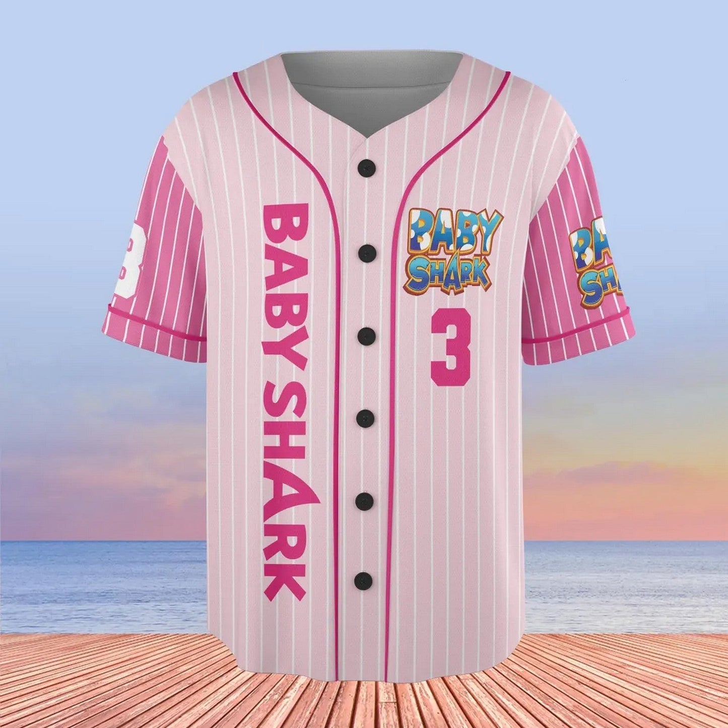 Custom Name And Number Cute Baby Shark Pink Baseball Jersey baseball jersey product view 2