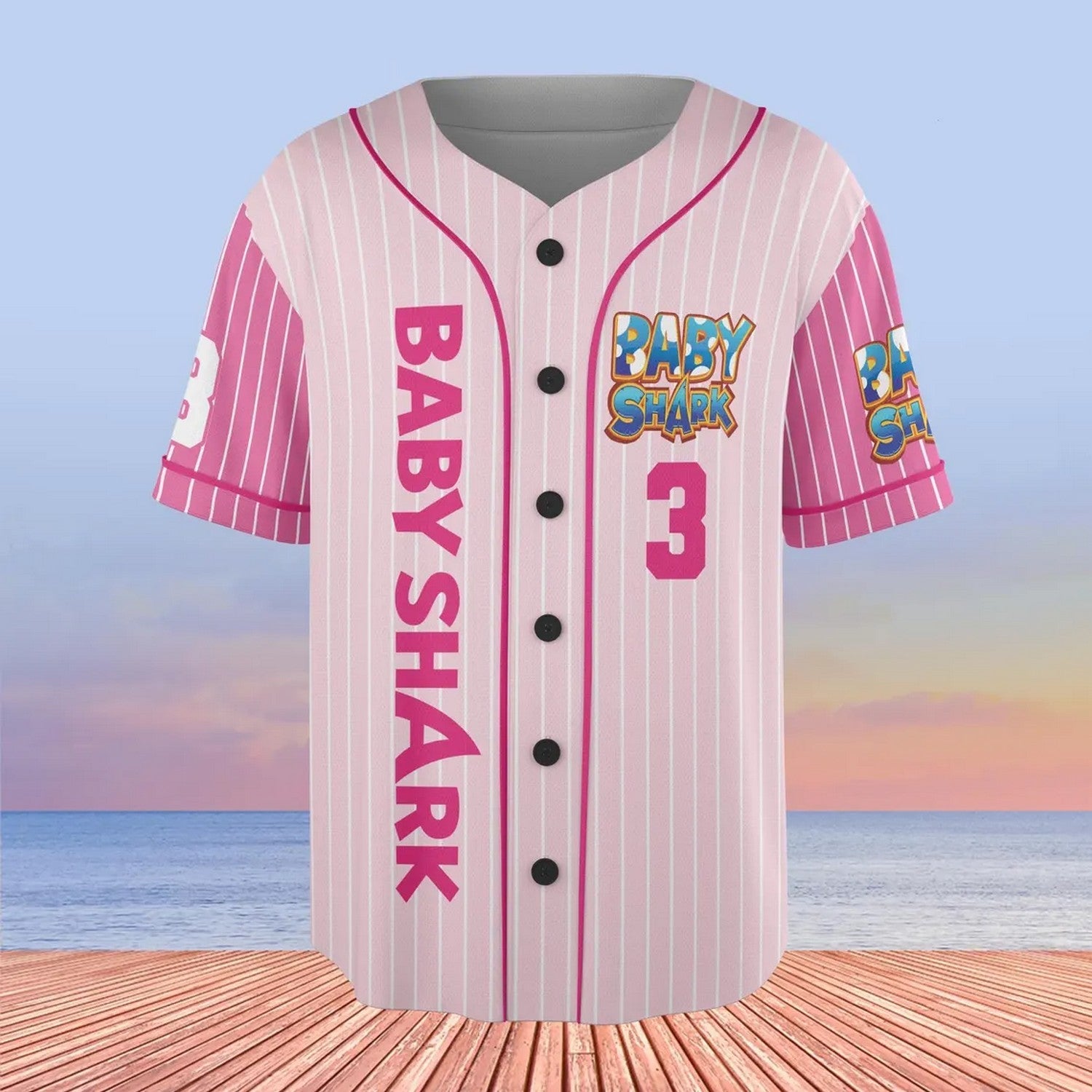 Custom Name And Number Cute Baby Shark Pink Baseball Jersey baseball jersey product view 2