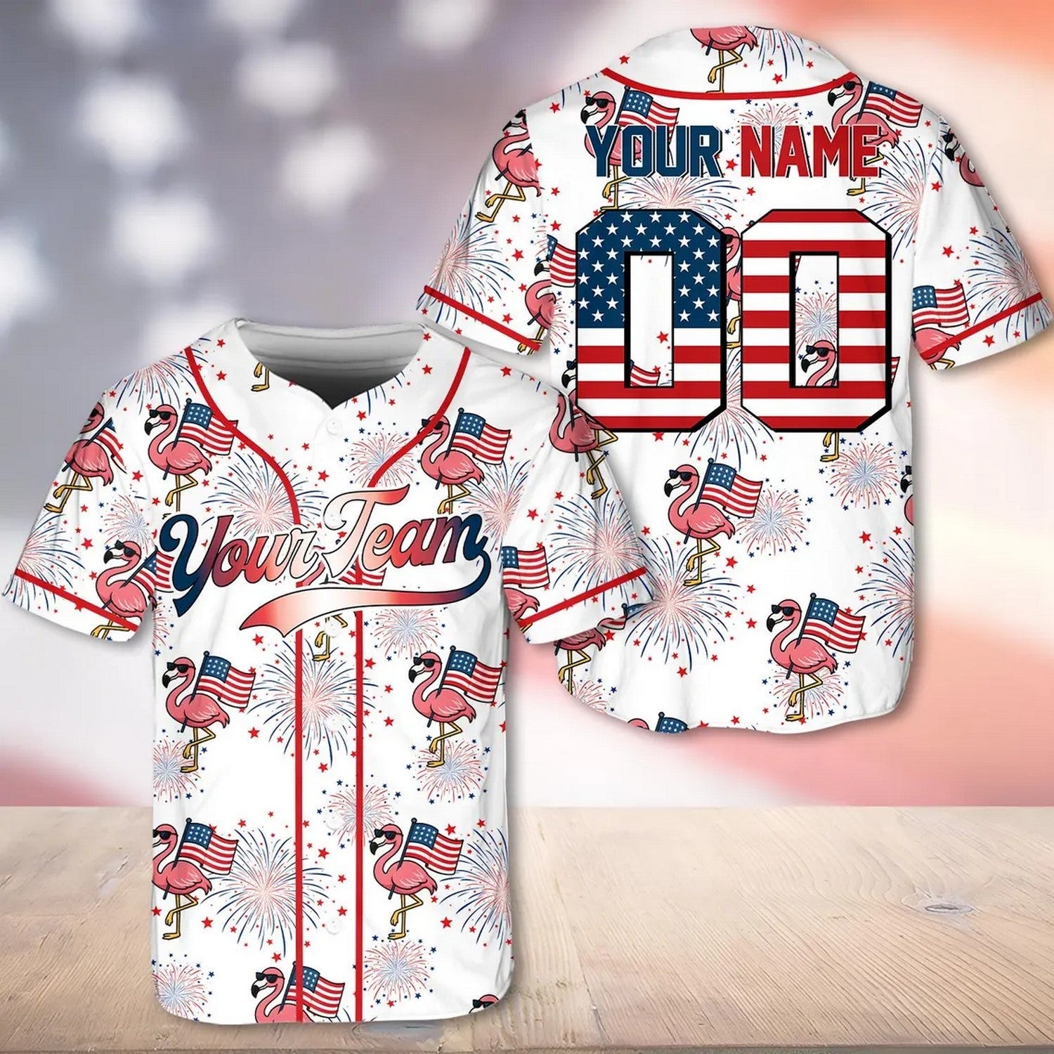 Custom Name And Number Patriotic Flamingo 4th Of July Shirt America Flag Fireworks Baseball Jersey baseball jersey product view 1