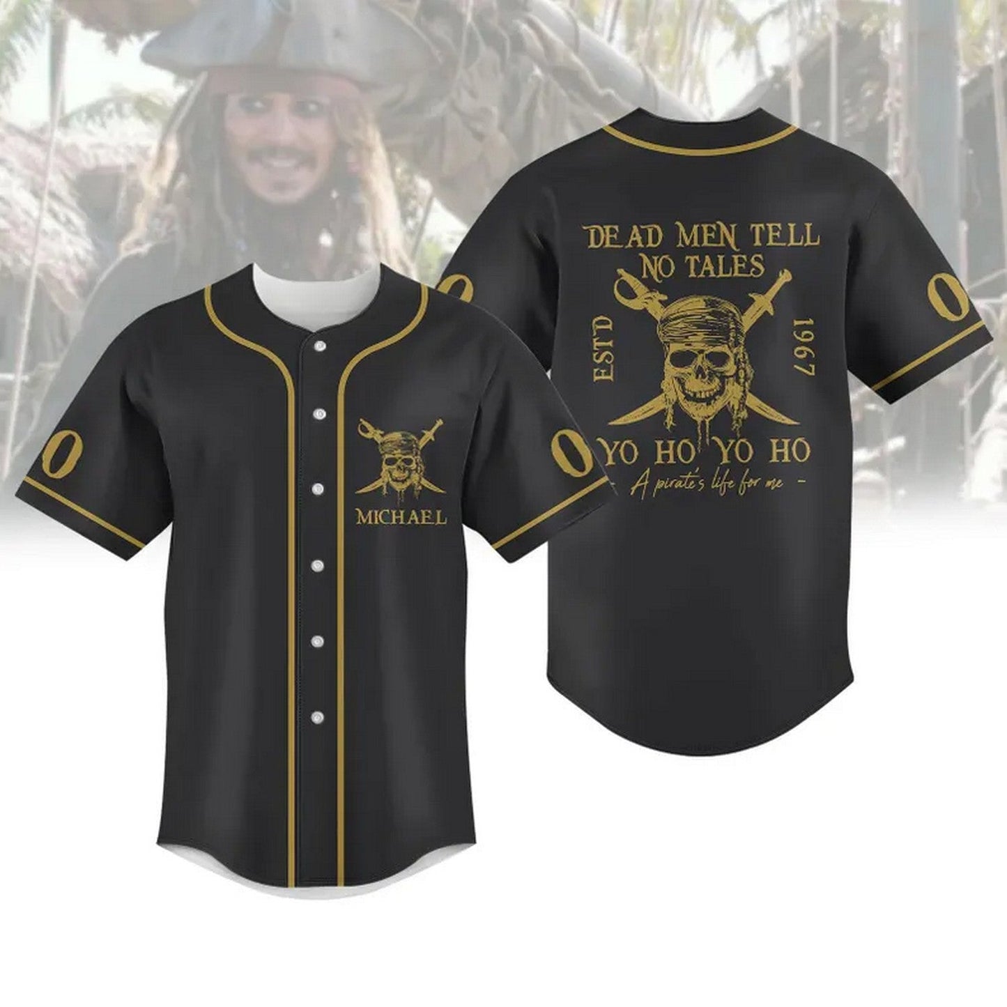 Custom Name And Number Pirates Of The Caribbean Dead Men Tell No Tales Black Baseball Jersey baseball jersey product view 1