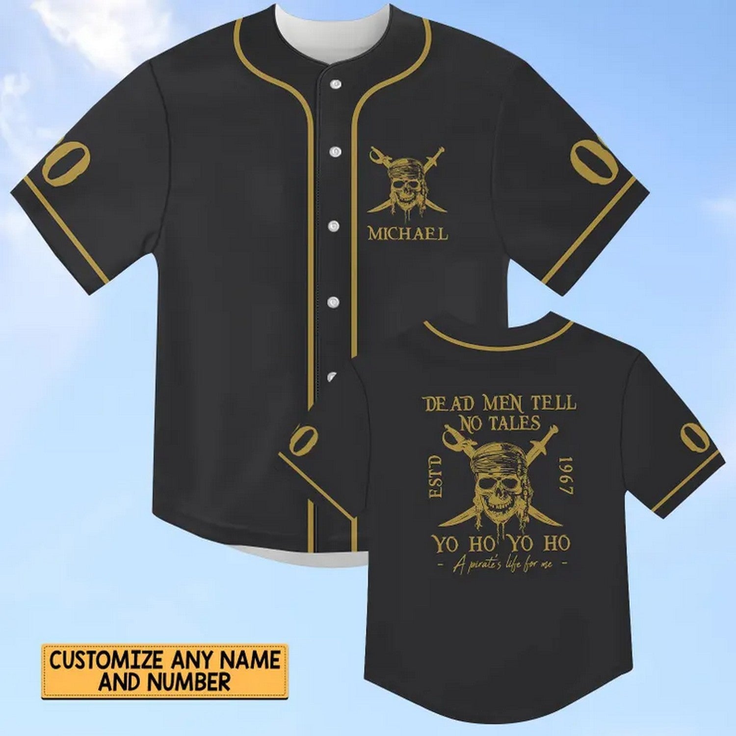 Custom Name And Number Pirates Of The Caribbean Dead Men Tell No Tales Black Baseball Jersey baseball jersey product view 2