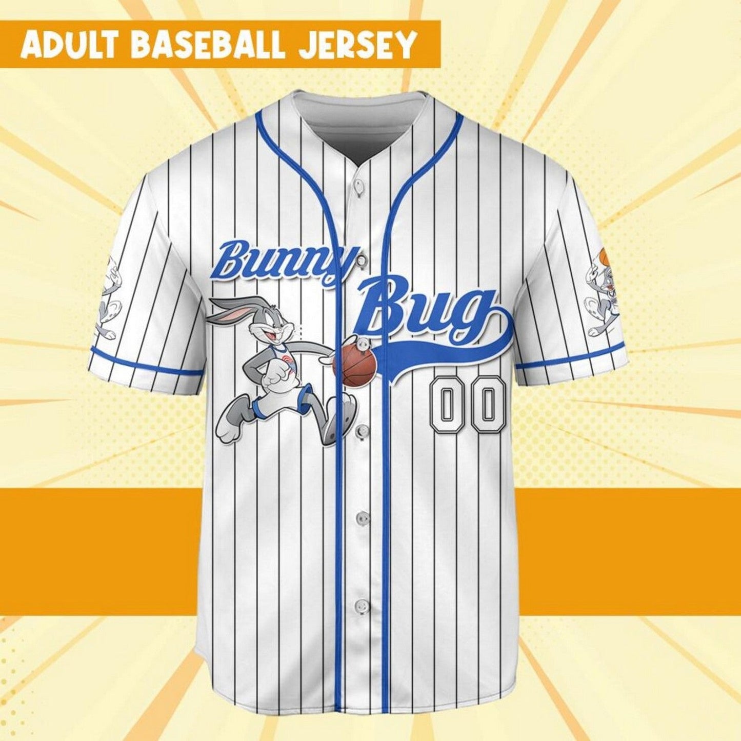 Custom Name Bunny Bug Baseball Jersey Blue White baseball jersey product view 3