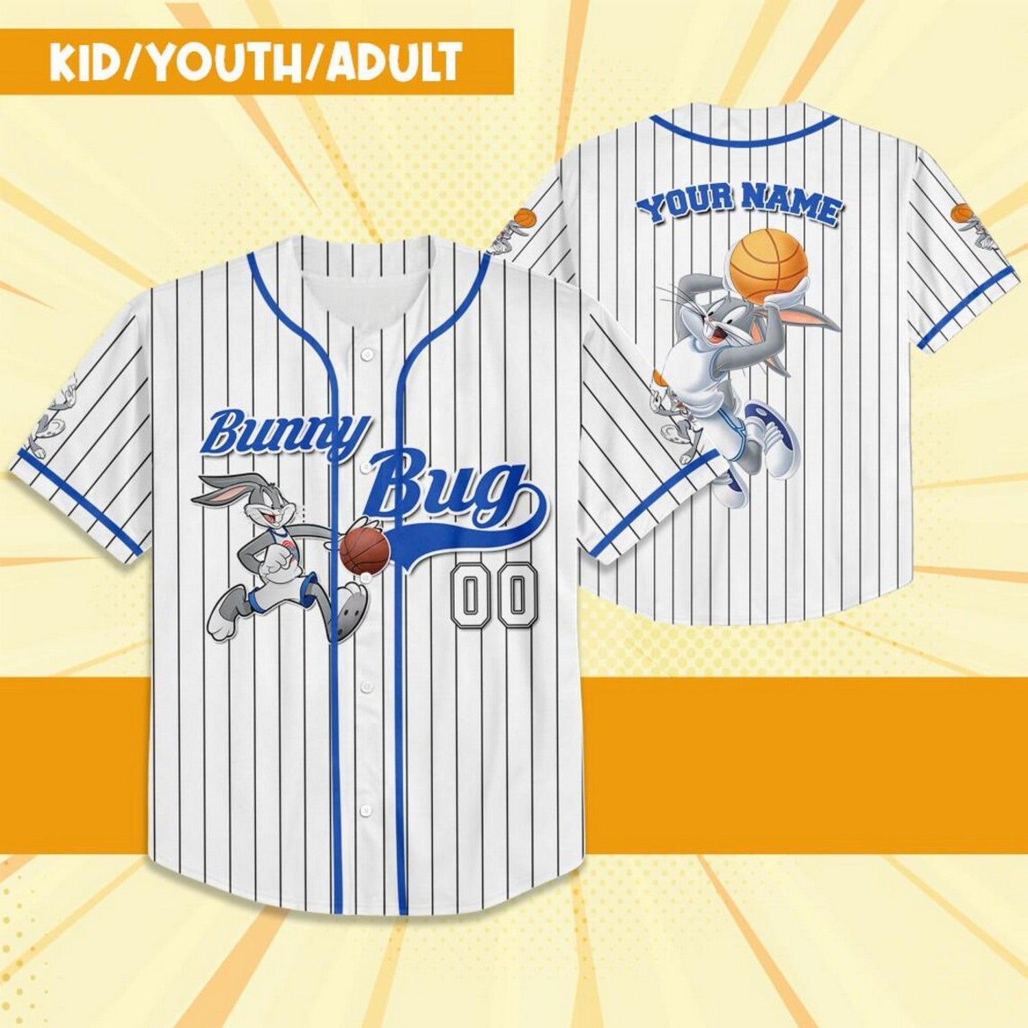 Custom Name Bunny Bug Baseball Jersey Blue White baseball jersey product view 2