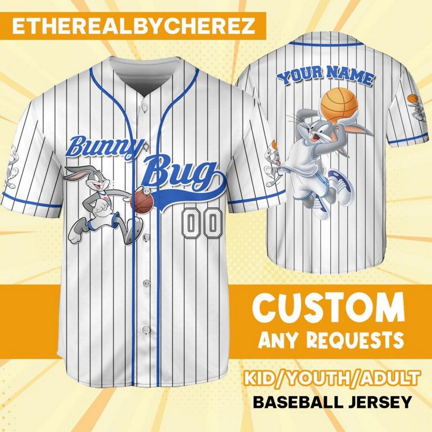 Custom Name Bunny Bug Baseball Jersey Blue White baseball jersey product view 1