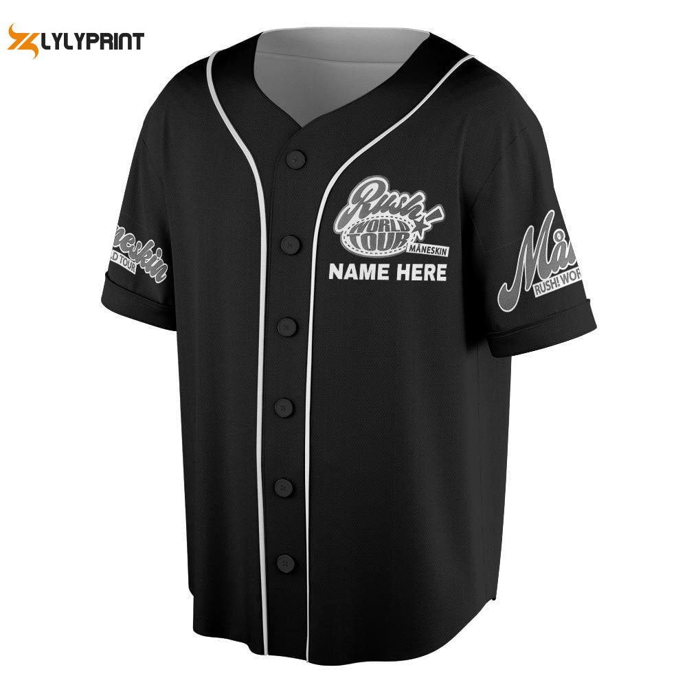 Custom Name Maneskin 2023 Tour Baseball Jersey, Rush! World Tour Concert Tickets - lylyprint.com baseball jersey product view 1