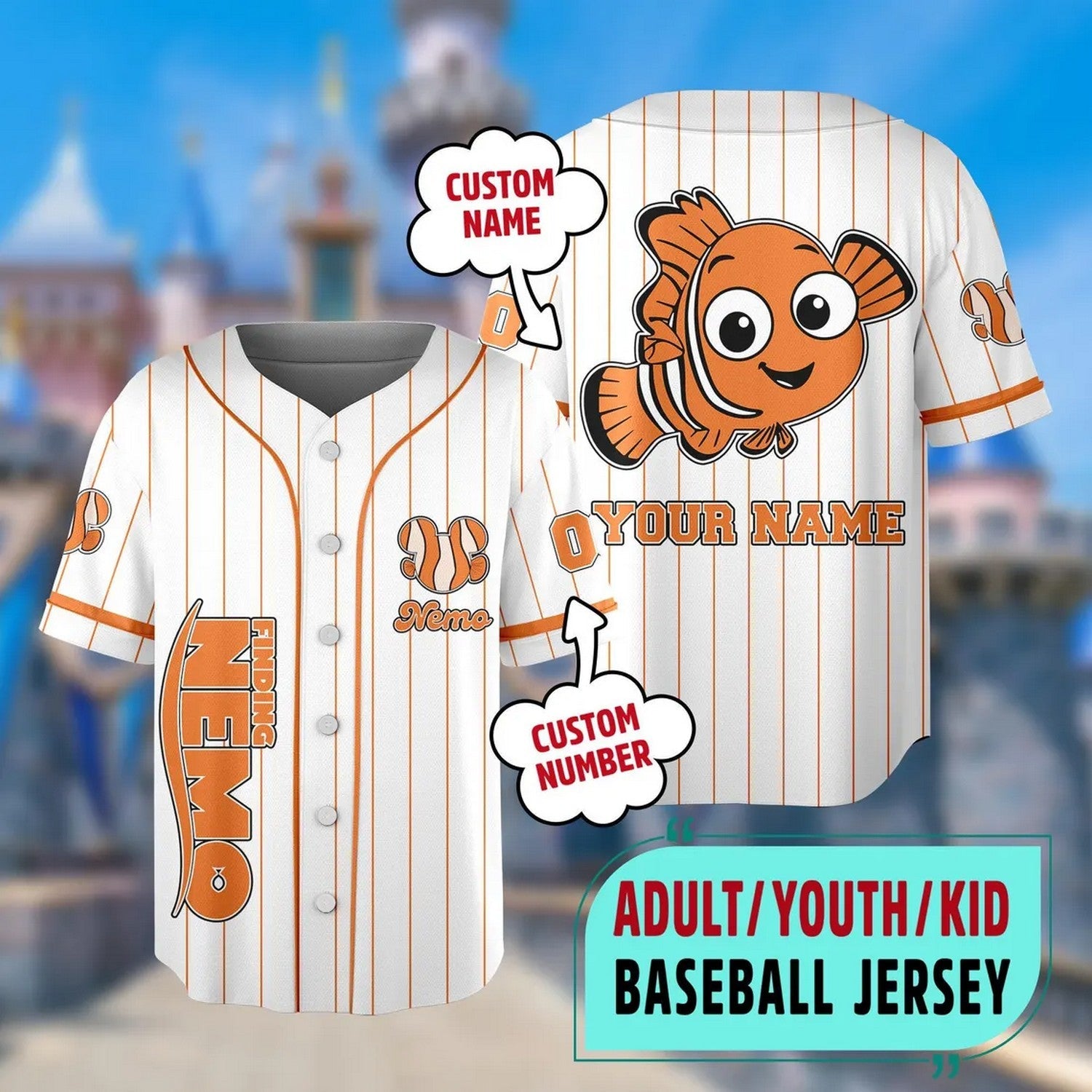 Custom Name Nemo Finding Nemo White Orange Cartoon Baseball Jersey baseball jersey product view 1