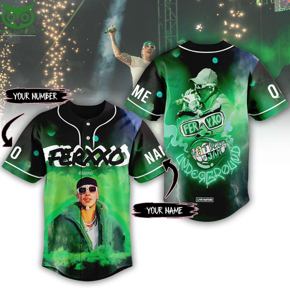 Custom Name Number Ferxxo Black Green Baseball Jersey baseball jersey product view 1