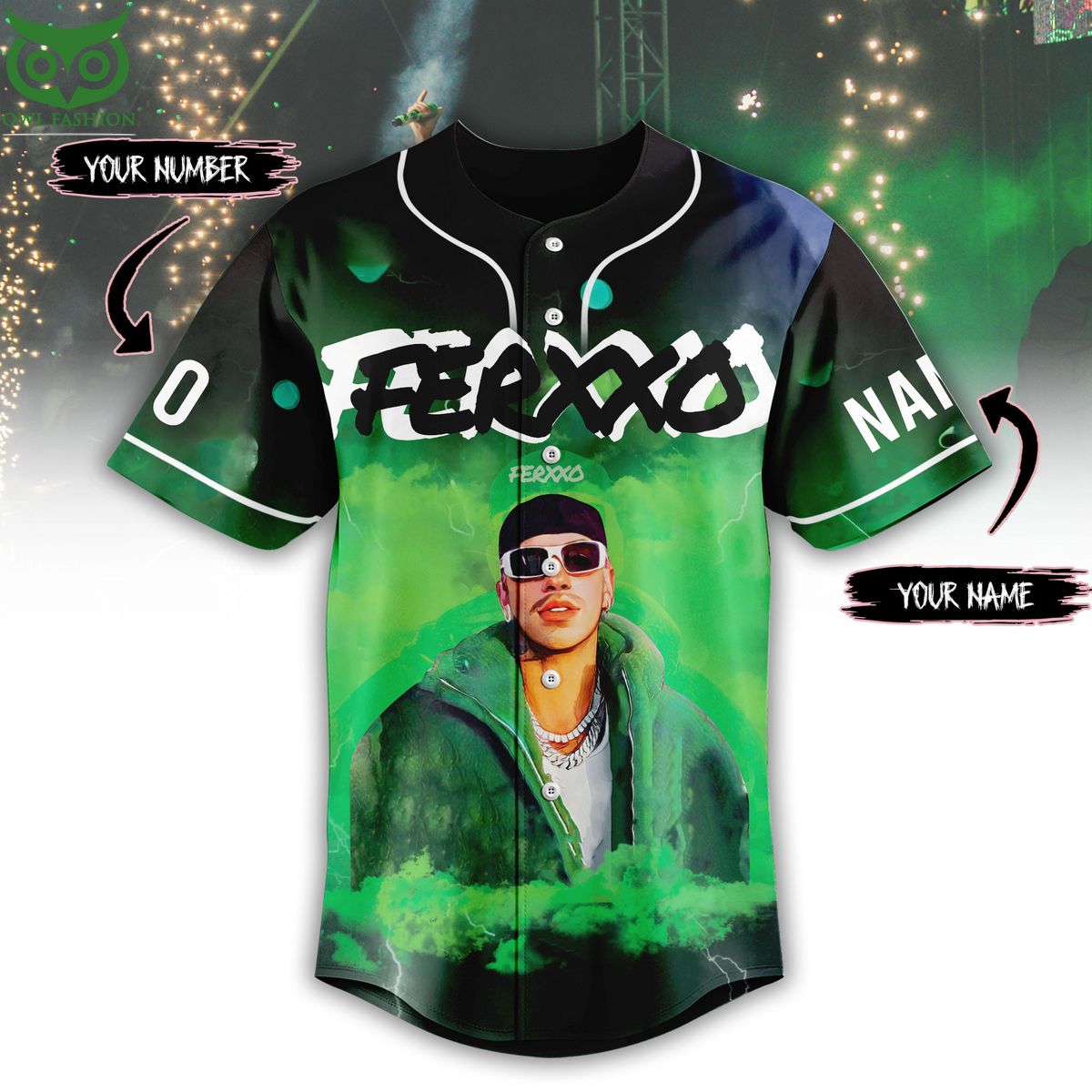 Custom Name Number Ferxxo Black Green Baseball Jersey baseball jersey product view 2