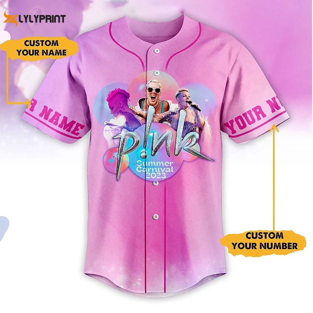 Custom Name Pink Summer Carnival 2023 Tour Pink Baseball Jersey - lylyprint.com baseball jersey product view 2