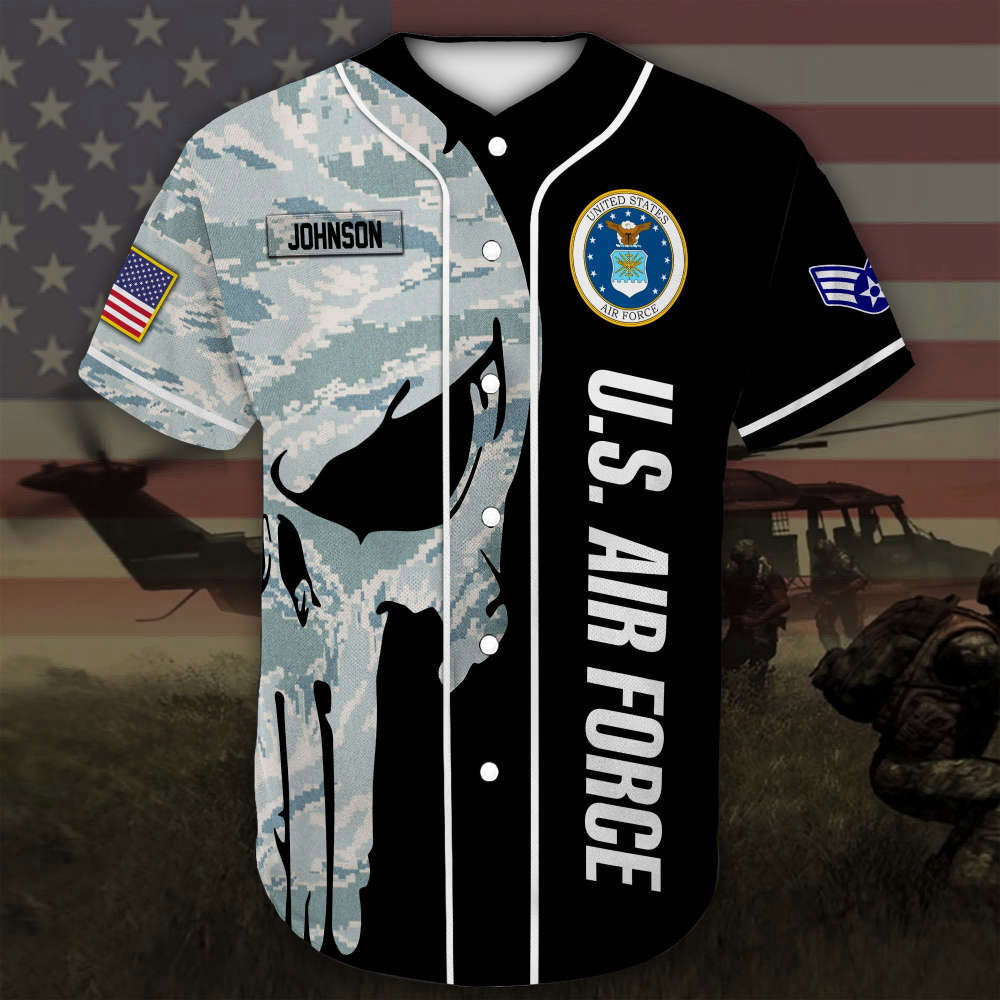 Custom Name Rank US Air Force Skull Camo Baseball Jersey Colorful Full Size - Aopprinter baseball jersey product view 2