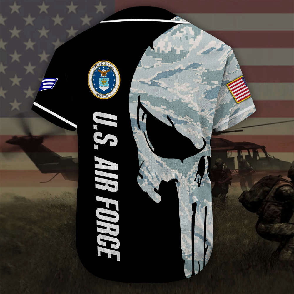 Custom Name Rank US Air Force Skull Camo Baseball Jersey Colorful Full Size - Aopprinter baseball jersey product view 3