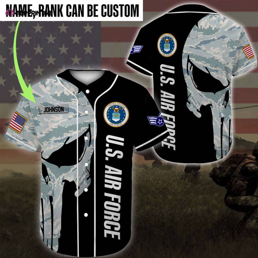 Custom Name Rank US Air Force Skull Camo Baseball Jersey Colorful Full Size - Aopprinter baseball jersey product view 1