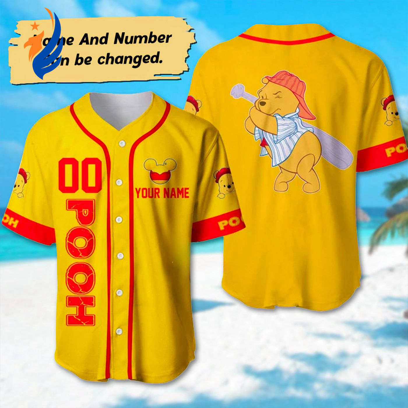 Personalized Pooh Baseball & Basketball Jerseys: Cartoon Character Trip Party Shirt & Magic Kingdom Movie Birthday Gift - Bafud baseball jersey product view 1
