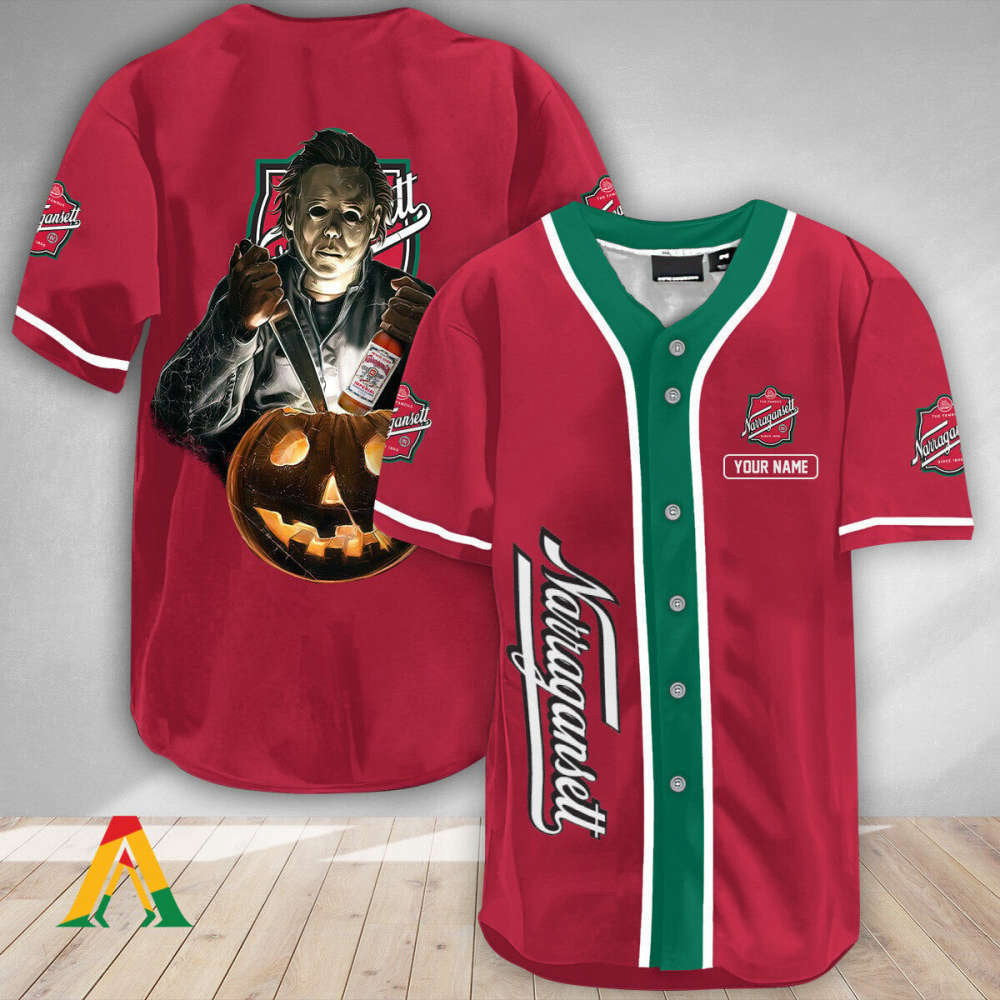 Custom Scary Michael Myers Pumpkin Baseball Jersey - Narragansett Personalized Halloween Apparel - Aopprinter baseball jersey product view 2