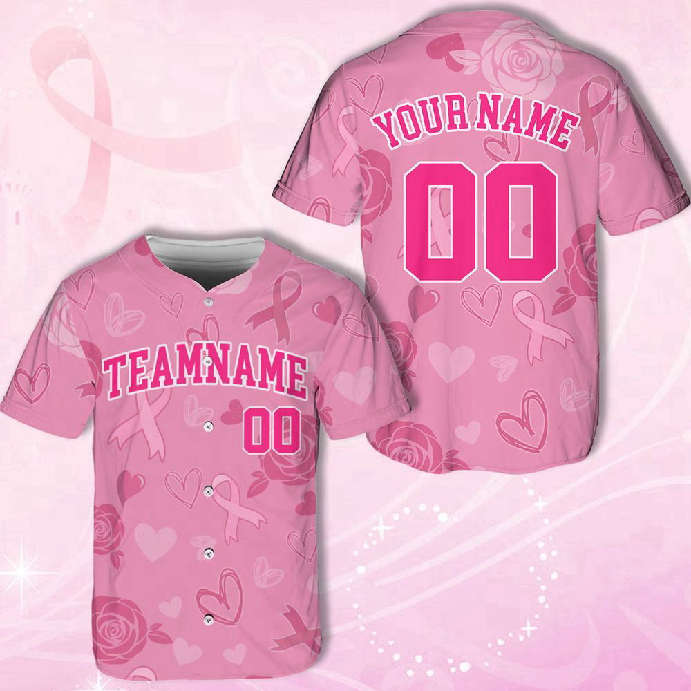 Custom Team Name And Number Baseball Jersey For Men Women, Personalized Breast Cancer Awareness - lylyprint.com baseball jersey product view 2